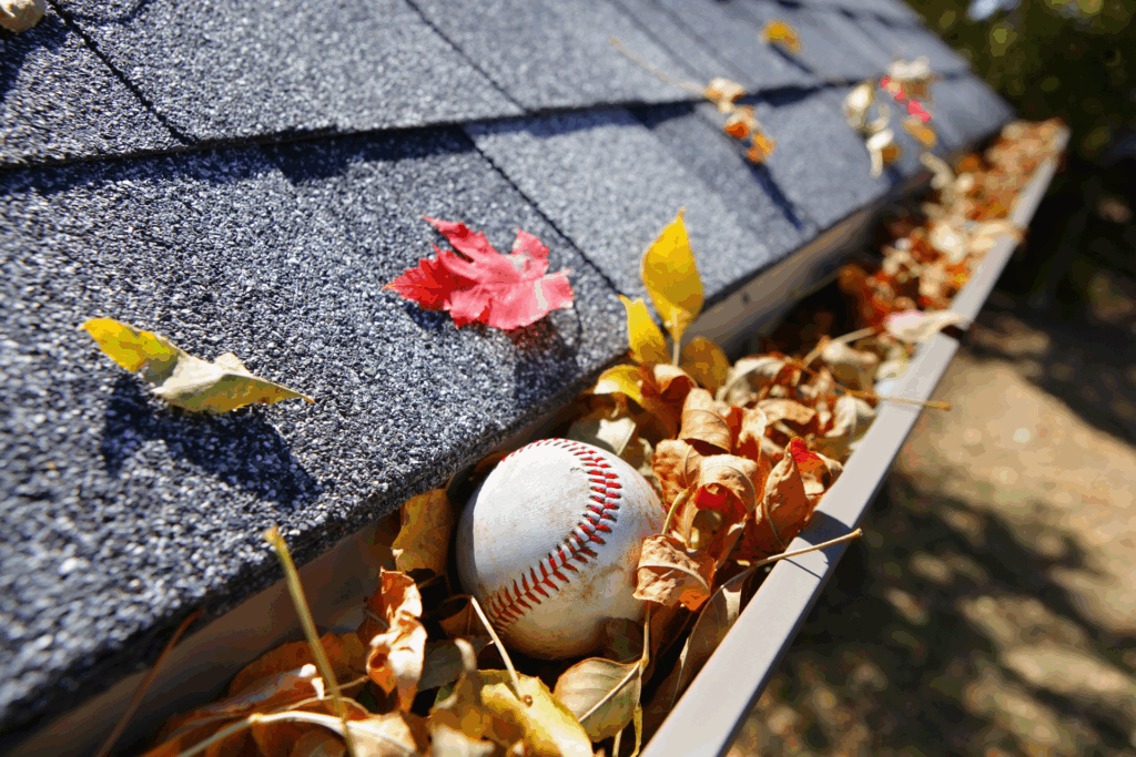 A close-up of a house gutter filled with dry autumn leaves and a baseball, with colorful fall foliage scattered across the gray shingle roof.