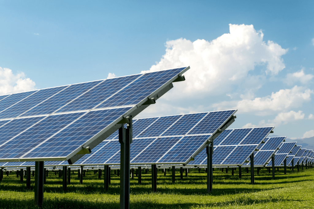 Rows of solar panels mounted on metal supports in a grassy field under a blue sky with scattered clouds, capturing sunlight to generate renewable energy.