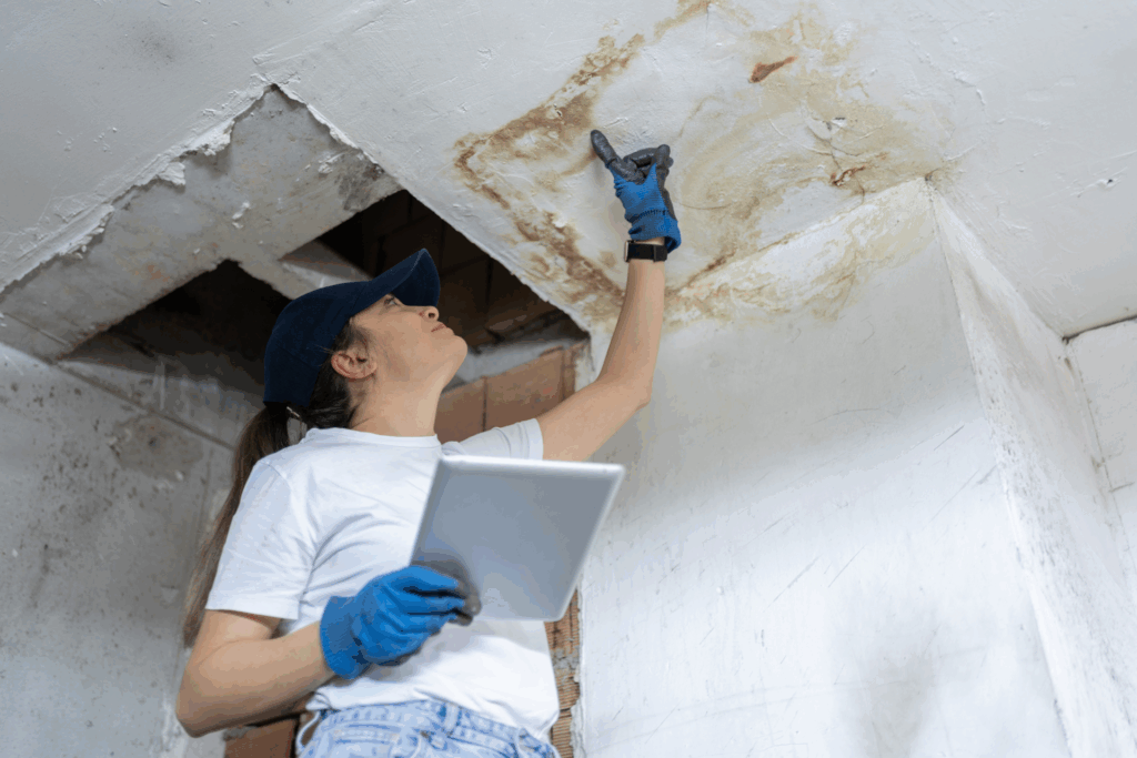 A woman wearing gloves and a cap examines a large water stain on a ceiling while holding a tablet, checking for signs of water damage or leaks.