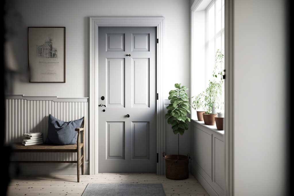 Scandinavian interior style bright hallway with entrance door in the daylight, with