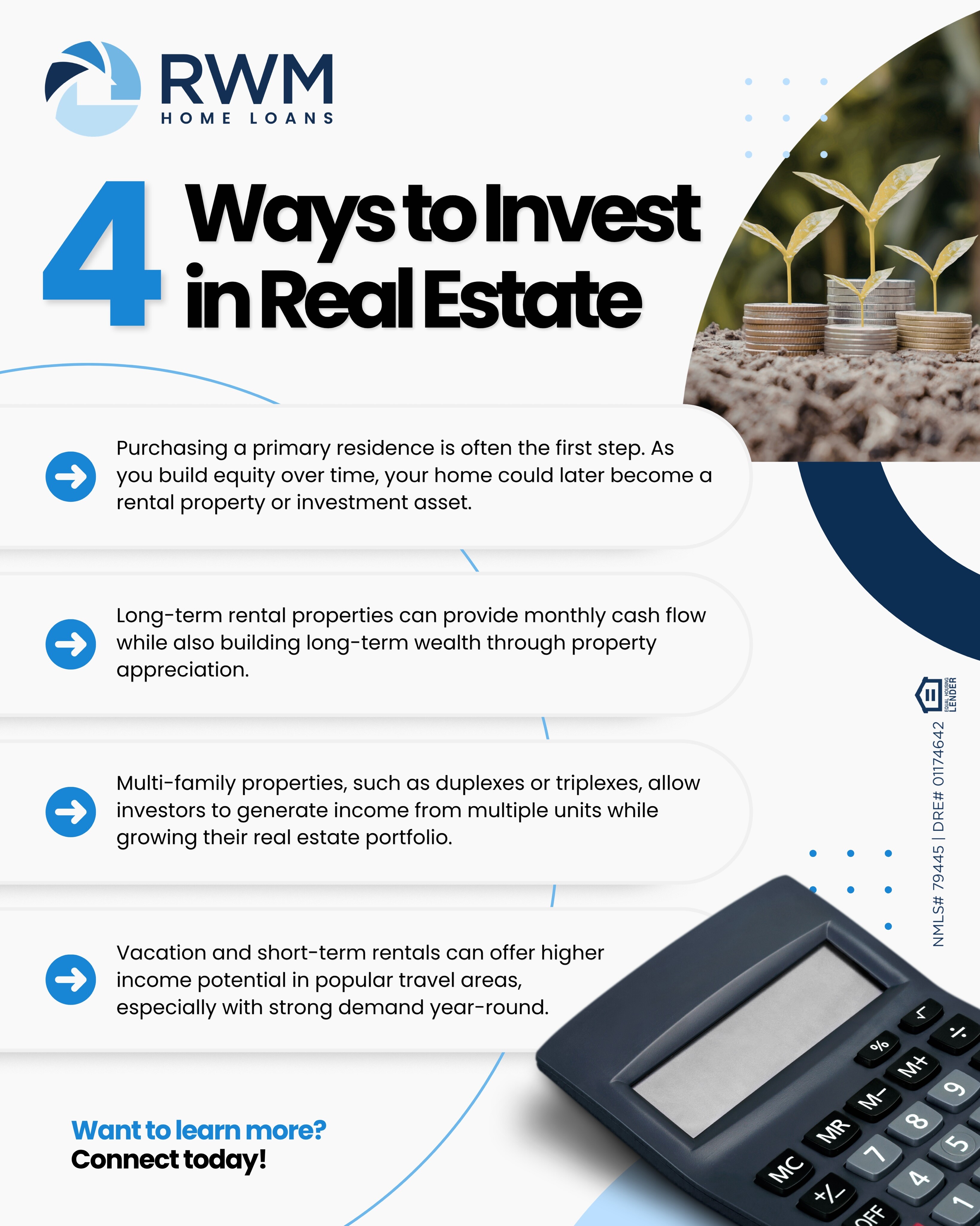 Building wealth through real estate starts with understanding your options!💡🏡

Our team is here to help you navigate the path that aligns with your goals. Reach out today to learn more!

#RWMHomeLoans #Invest #Finance