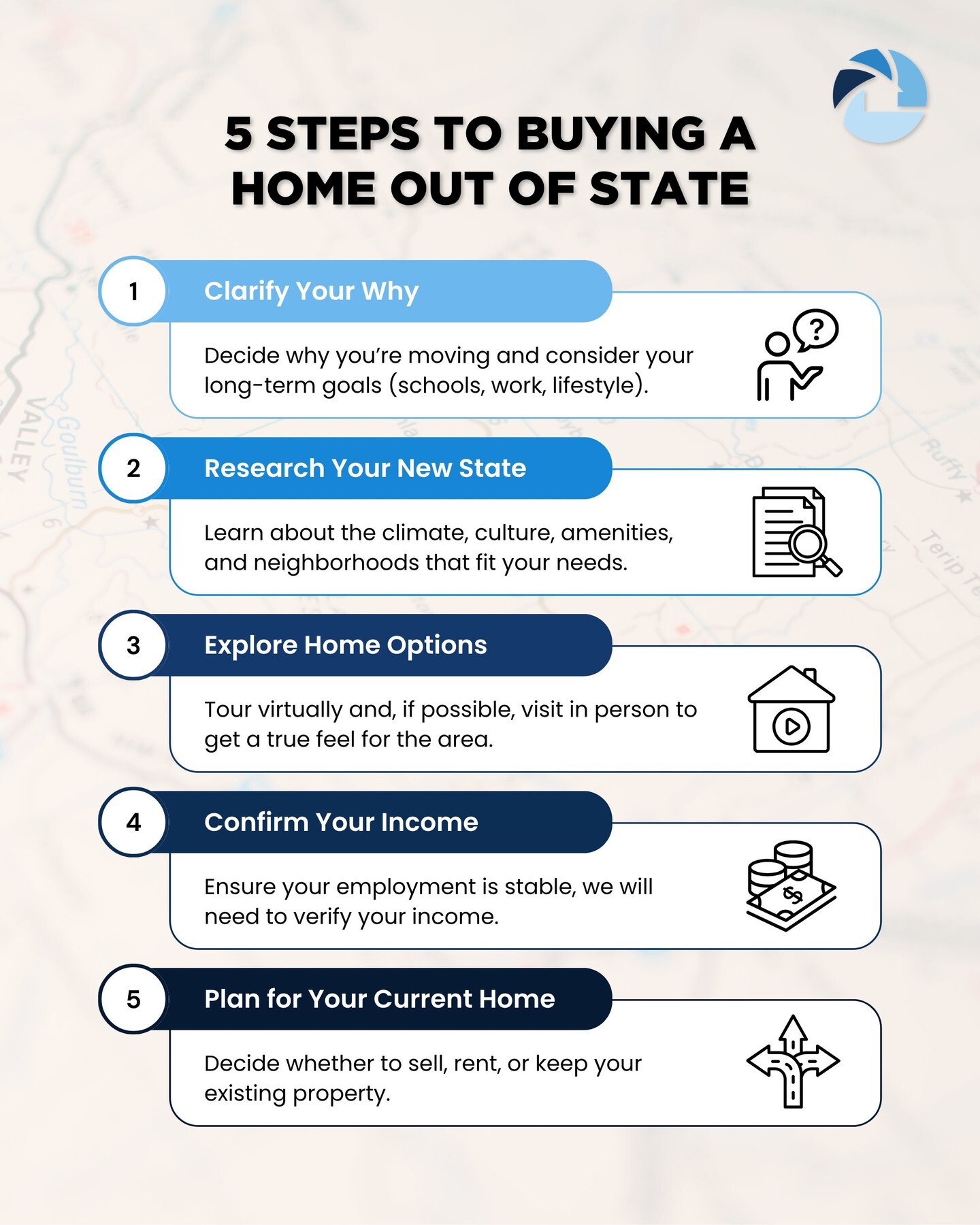 Thinking about buying a home out of state? Follow these 5 essential steps to help make the process smooth, stress-free, and successful, wherever your dream home may be! ✈️🏡

If you have questions or need guidance along the way, connect with our team!

#RWMHomeLoans #Mortgage #Tips