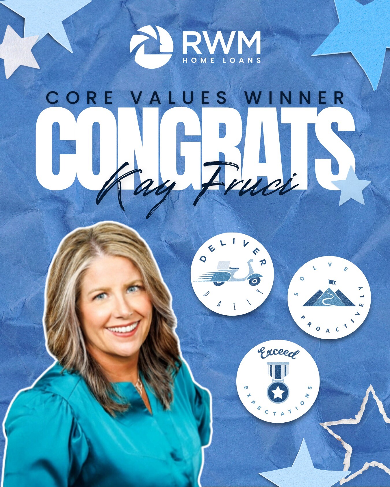 Congratulations to Kay, our September Core Values Recognition Award recipient!

⭐ Kay, our Branch Manager based in Colorado, is a valued leader and incredible teammate who consistently goes above and beyond to support those around her. She is organized, efficient, and always willing to step in, bringing thoughtful solutions, a calm perspective, and a genuine desire to make things easier for those around her.

Kay’s ability to contribute across different roles is a true reflection of how well-rounded and multi-talented she is. As a Production Partner on Jason’s team, Kay played an important role in supporting the team and its success, and she now brings that same dedication, knowledge, and expertise to her role as Steve’s Loan Manager. Across each of these roles, she has demonstrated her ability to adapt, take ownership, and consistently find ways to support both her team and those around her.

Whether she is navigating a challenge, helping her team work through a problem, or simply being someone others can turn to, Kay has a natural ability to bring clarity and confidence to any situation. She is quick to take action, follows through on what needs to be done, and can always be counted on to find a practical path forward. Her thoughtful approach and willingness to step in make her a trusted resource for her teammates.

Beyond her day-to-day responsibilities, Kay’s willingness to offer thoughtful advice and support her teammates makes a meaningful impact on everyone she works with. She leads with consistency, positivity, and accountability, while always looking for ways to make things better for her team. Her ability to stay organized, think proactively, and provide steady support helps create an environment where those around her feel confident and supported.

Kay’s dedication to helping others, willingness to go the extra mile, and genuine investment in the success of those around her make her an invaluable part of RWM. We’re incredibly grateful for the leadership, knowledge, and expertise she brings to everything she does, and we’re so lucky to have her on our team!