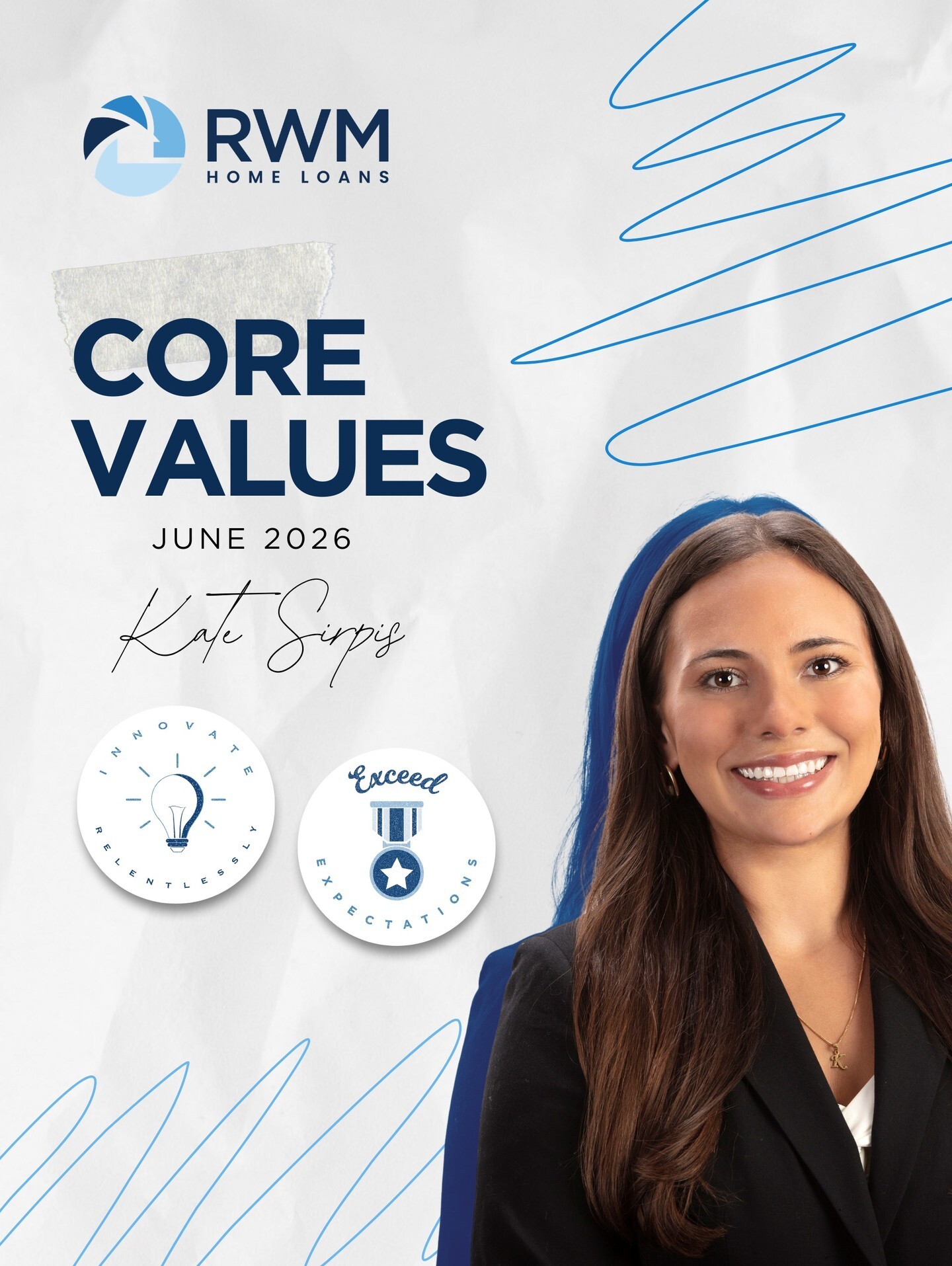 Congratulations to Kate, our June Core Values Recognition Award recipient!

⭐ Kate, our Graphic Designer, plays an essential role in bringing creativity, innovation, and collaboration to our team. Her versatility and willingness to jump in wherever needed make her an invaluable resource across the organization. From hand-drawn illustrations and custom t-shirt designs to marketing collateral and fast-turn creative requests, Kate consistently delivers thoughtful, high-quality work that elevates every project she touches.

She approaches each task with creativity, attention to detail, and a solution-focused mindset, even when working under tight deadlines or shifting priorities. Her ability to adapt, think outside the box, and bring ideas to life helps keep our marketing efforts fresh, engaging, and impactful.

Beyond her creative talent, Kate’s positive attitude and team-first approach help foster a collaborative environment where ideas can grow and projects come together seamlessly. Whether she’s leading a design concept or supporting a last-minute requests, she consistently shows up with dedication and care for those she works with.

Kate’s passion for her craft make her an invaluable part of our team, and we are incredibly grateful for everything she contributes each and every day!

#EmployeeSpotlight #CoreValues #Culture #RWMHomeLoans