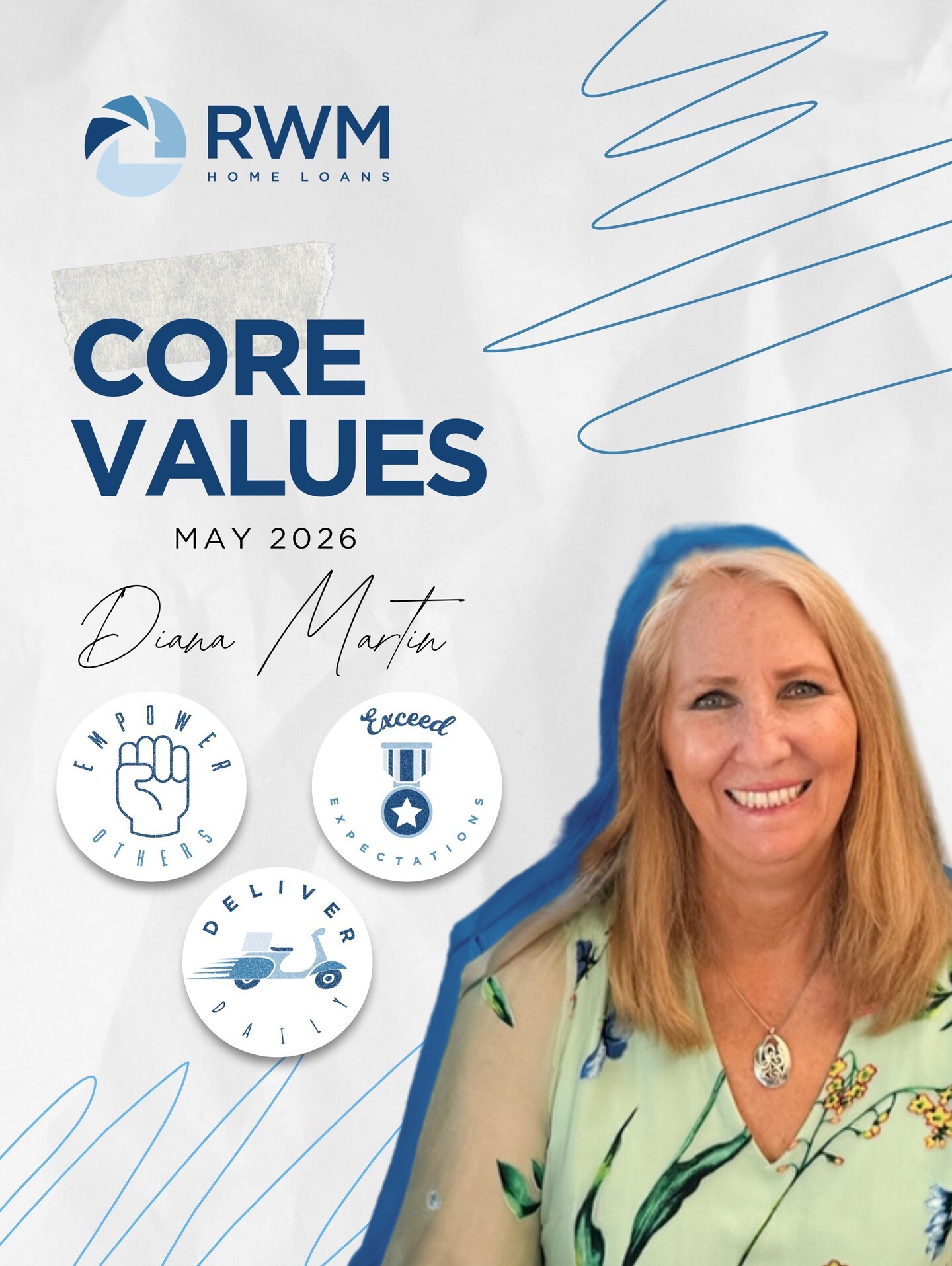 Congratulations to Diana, our May Core Values Recognition Award recipient!

⭐ Diana, our Director of Processing, plays an essential role in the success of both our team and the clients we serve. Her leadership, industry knowledge, and ability to keep even the most challenging files on track make her an invaluable resource to everyone around her. She is someone the team can always rely on for guidance, support, and solutions, consistently creating a positive and collaborative environment where people feel encouraged to learn and grow.

Diana approaches every situation with professionalism, patience, and a willingness to help, balancing countless moving pieces while ensuring operations continue running smoothly. Her strong work ethic and commitment to excellence set the tone for the entire team, and the impact of her leadership is felt in every successful transaction.

While much of what she does happens behind the scenes, Diana’s dedication, care, and steady leadership make a lasting impact across the entire organization. We are incredibly grateful for everything she brings to the team each and every day!

#EmployeeSpotlight #CoreValues #Culture #RWMHomeLoans